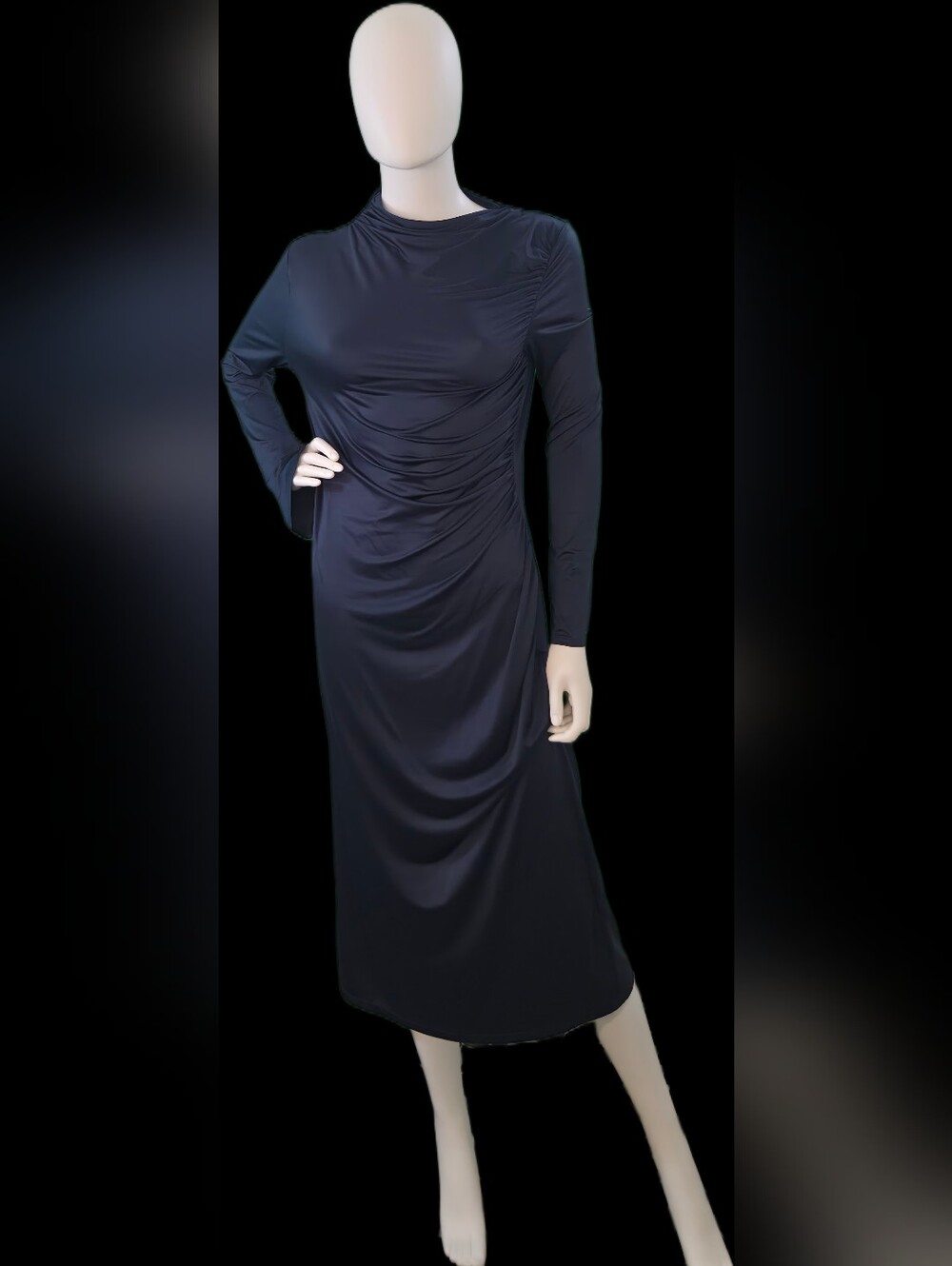 Zara Navy Long-Sleeve Ruched Maxi Dress